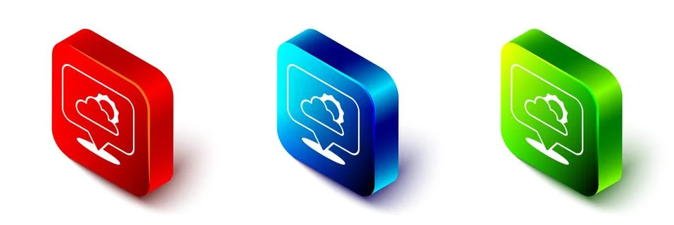 Isometric Location cloud icon isolated on white background. Red, blue and green Illustrazione stock