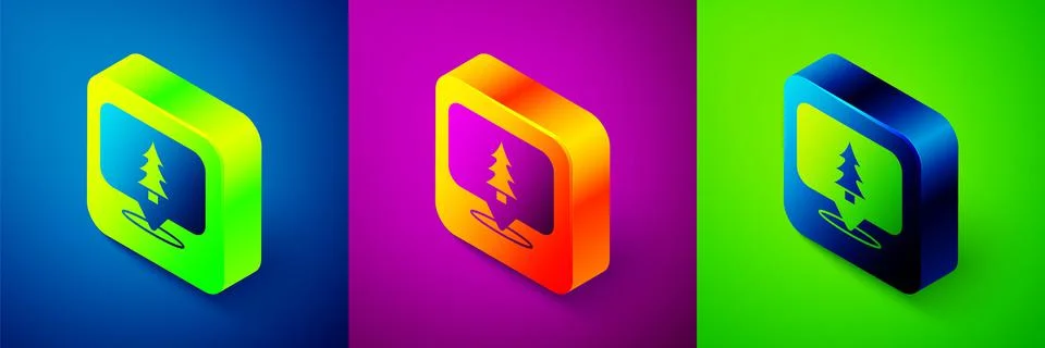 Isometric Location of the forest on a map icon isolated on blue, purple and Illustrazione stock