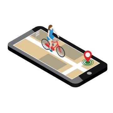 Isometric location. Mobile geo tracking. Female cyclist riding on a bicycle. Map Stock Illustration