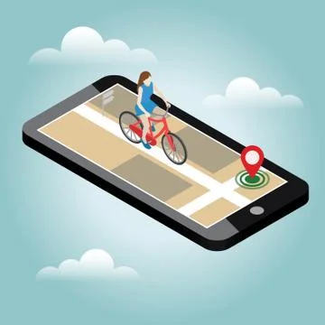 Isometric location. Mobile geo tracking. Female cyclist riding on a bicycle. Map Stock Illustration