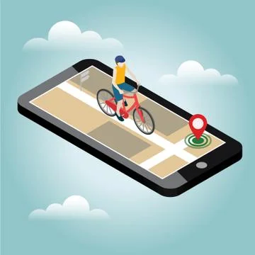 Isometric location. Mobile geo tracking. Male cyclist riding on a bicycle. Map Stock Illustration
