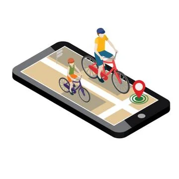 Isometric location. Mobile geo tracking. Female and male cyclists riding on a Stock Illustration