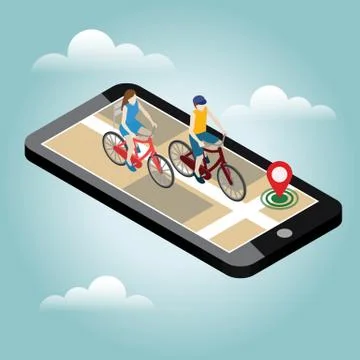 Isometric location. Mobile geo tracking. Female and male cyclists riding on a Stock Illustration
