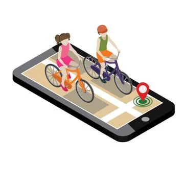 Isometric location. Mobile geo tracking. Boy and girl cyclists riding on a Stock Illustration
