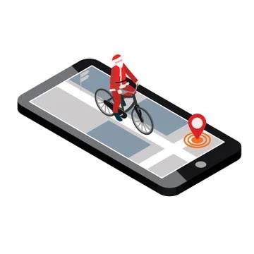 Isometric location. Mobile geo tracking. Santa Claus on a bike. Map Stock Illustration