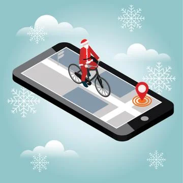 Isometric location. Mobile geo tracking. Santa Claus on a bike. Map Stock Illustration