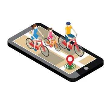 Isometric location. Mobile geo tracking. Family cyclists riding on a bicycle Stock Illustration