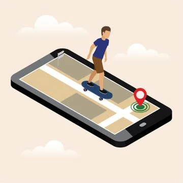 Isometric location. Mobile geo tracking. Man riding a skateboard. Mobile geo Stock Illustration