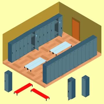 Isometric locker room with a set of objects: a chair, a wardrobe Stock Illustration