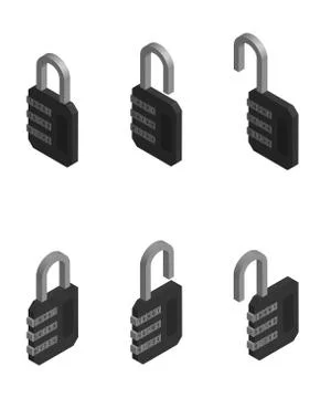 Isometric locks with a digital code password in open and closed position Illustrazione stock