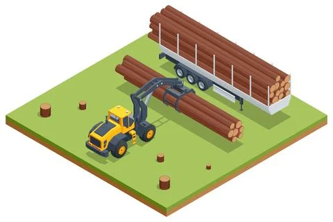 Isometric Log Loader. Loading equipment for logging. Log loader for timber, logs Stock Illustration