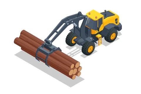 Isometric Log Loader. Loading equipment for logging. Log loader for timber, logs Stock Illustration