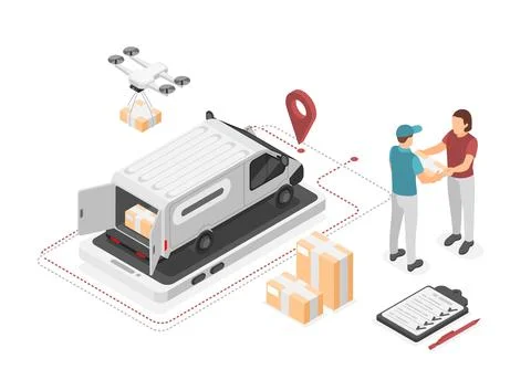 Isometric logistic service worker. Delivery parcels and goods. Courier giving Stock Illustration