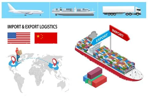Isometric Logistic Systems. Container ship and dry cargo ship. Import or Export Stock Illustration