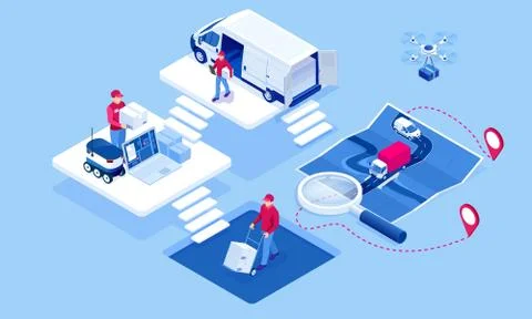 Isometric Logistics and Delivery concept. Delivery home and office. City Illustrazione stock