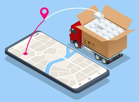 Isometric Logistics and Delivery concept. Delivery home and office. City 库存插图