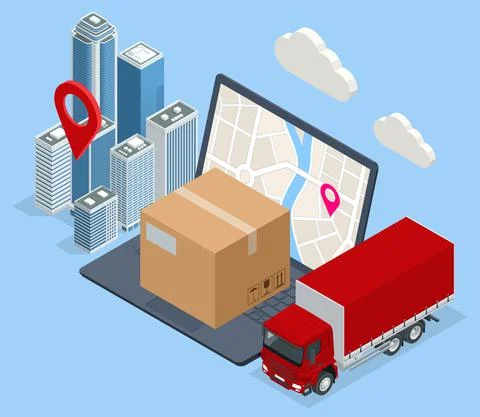 Isometric Logistics and Delivery concept. Delivery home and office. City 库存插图