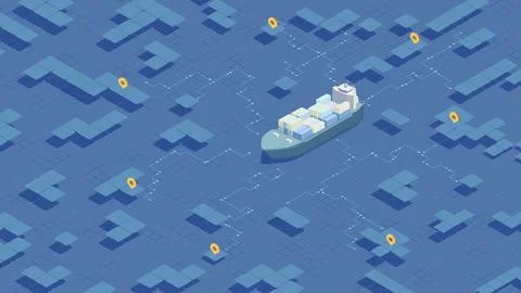 Isometric logistics map with cargo ship and route pins. Vector illustration. Stock Illustration