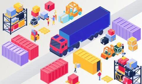 Isometric logistics, warehouse vector illustration, 3d people loading box in Stock Illustration