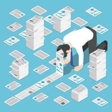Isometric a lot of document come out from businessman head Stock Illustration