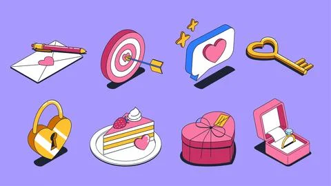 Isometric love elements set. Pink box with golden ring with diamond. Cake Illustrazione stock
