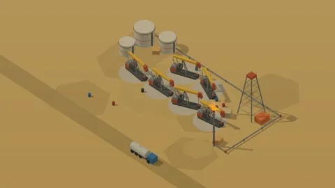 Isometric low poly oil field with synchronized nodding pumpjacks Stock Footage 340198388