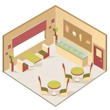 Isometric low poly restaurant or cafe interior Stock Illustration