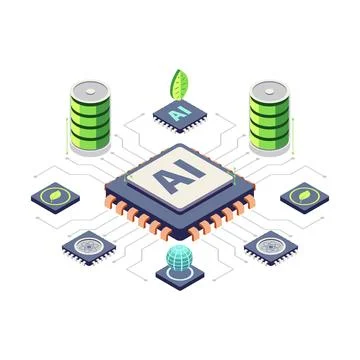 Isometric Low-Power AI Chip with Sustainable Technology Components Stock Illustration