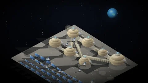 Isometric Lunar Base Construction Loop - Space Robot Solar Panel Backdrop Video stock 341869448