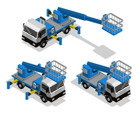 Isometric machine with telescopic boom for lifting workers in basket to heigh Stock Illustration