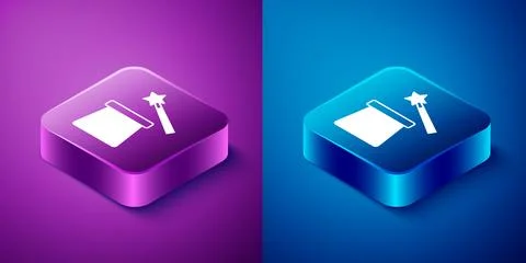 Isometric Magic hat and wand icon isolated on blue and purple background. M.. Stock Illustration