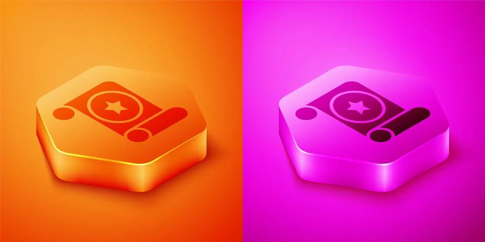 Isometric Magic scroll icon isolated on orange and pink background. Decree Ilustração Stock