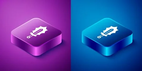 Isometric Magic sword in fire icon isolated on blue and purple background. .. Stock Illustration