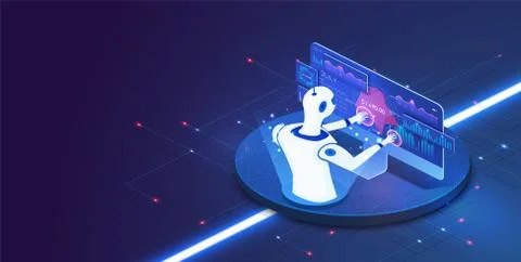 Isometric Maintenance robot working with digital display. Robot trading on stock Illustrazione stock