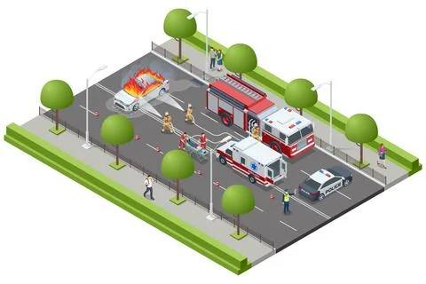 Isometric major car fire emergency response scene Stock Illustration