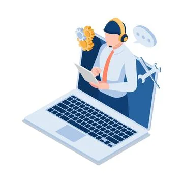 Isometric Male Technical Support Operator Wearting Headset on Laptop Screen Illustrazione stock