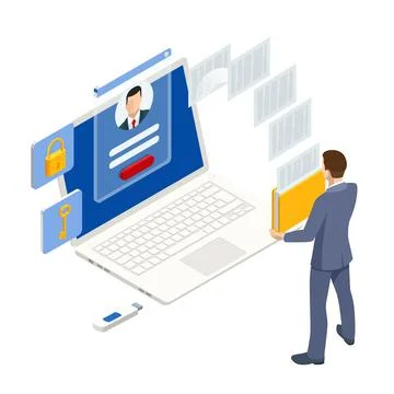 Isometric man analyzes the database of employees or personnel. Protection of Stockillustratie