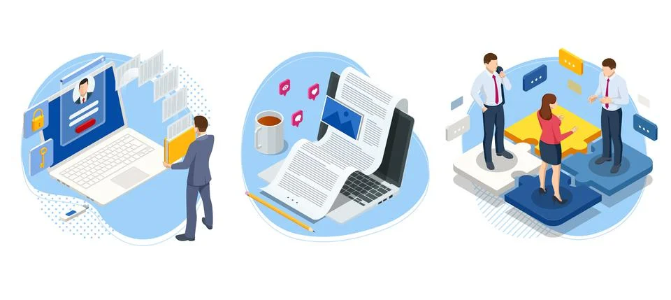 Isometric man analyzes the database of employees or personnel. Protection of 스톡 일러스트