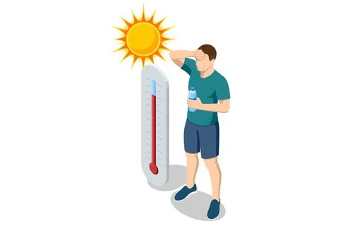 Isometric man beside a large thermometer under bright sun, wiping sweat and Stock Illustration