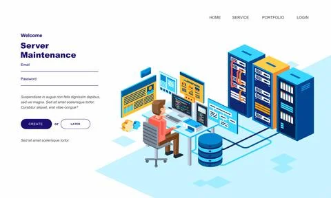 ISOMETRIC MAN CHARACTER AN ENGINEER MAINTENANCE COMPUTER SERVER IN DATA CENTE Stock Illustration