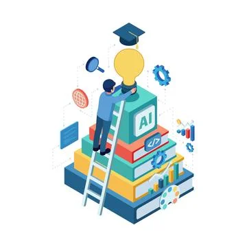 Isometric Man Climbing Books to Learn New Skills and Knowledge Stock-Illustration