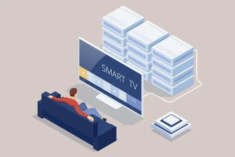 Isometric Man in Glasses is Sitting on a Sofa and Watching TV. Digital Stock Illustration