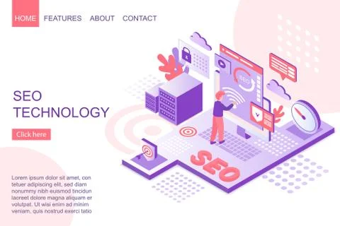 Isometric man improving SEO technology. Landing page template vector Stock Illustration