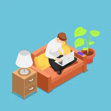 Isometric man with laptop working on sofa at his house Illustrazione stock