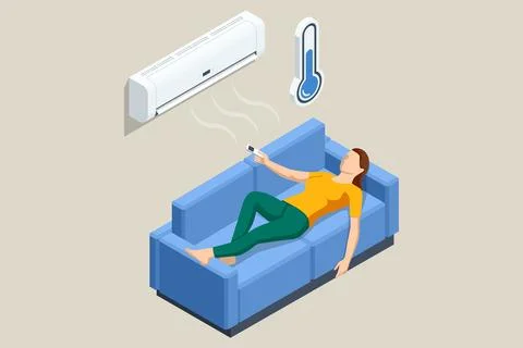 Isometric man lying on sofa with remote control using air conditioner. Concept Stock Illustration