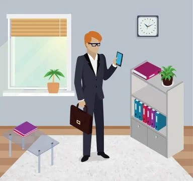 Isometric Man Office Work Interior Design Illustrazione stock