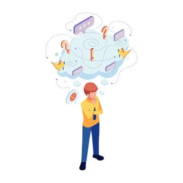 Isometric Man Overthinking with Cloud of Confusing Thoughts Stock Illustration