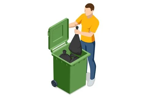 Isometric man placing a black garbage bag into a green bin on a light background Stock Illustration