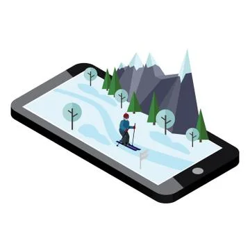 Isometric man skiing. Mobile navigation. Videos and photos keeped in phone Stock Illustration