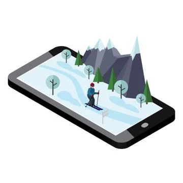 Isometric man skiing. Mobile navigation. Videos and photos keeped in phone Stock Illustration